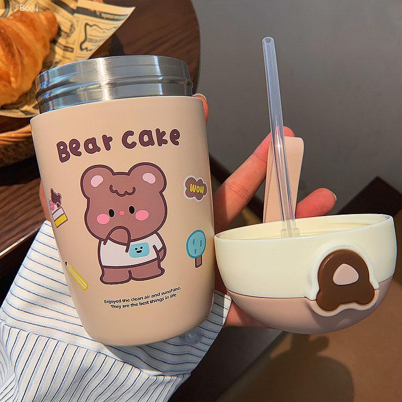 Ins Kawaii Gấu Nhiệt Chân Không Thép Không Gỉ Trẻ Em Ống Hút Nước Cho Trường Giữ Nhiệt Màu Bé Gái Dễ Thương Sippy Uống ly