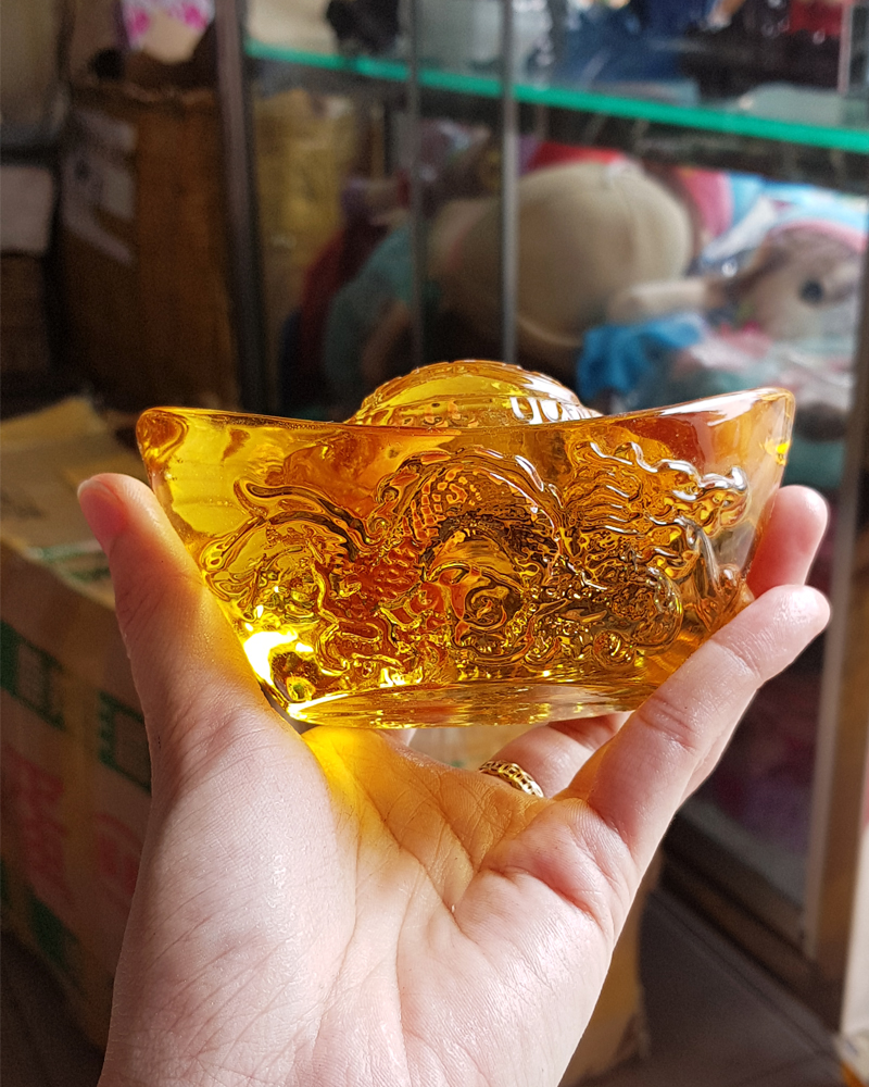 Thỏi vàng Kim Nguyên Bảo size to nhất 12cm đá lưu ly nhân tạo chạm Rồng tinh tế