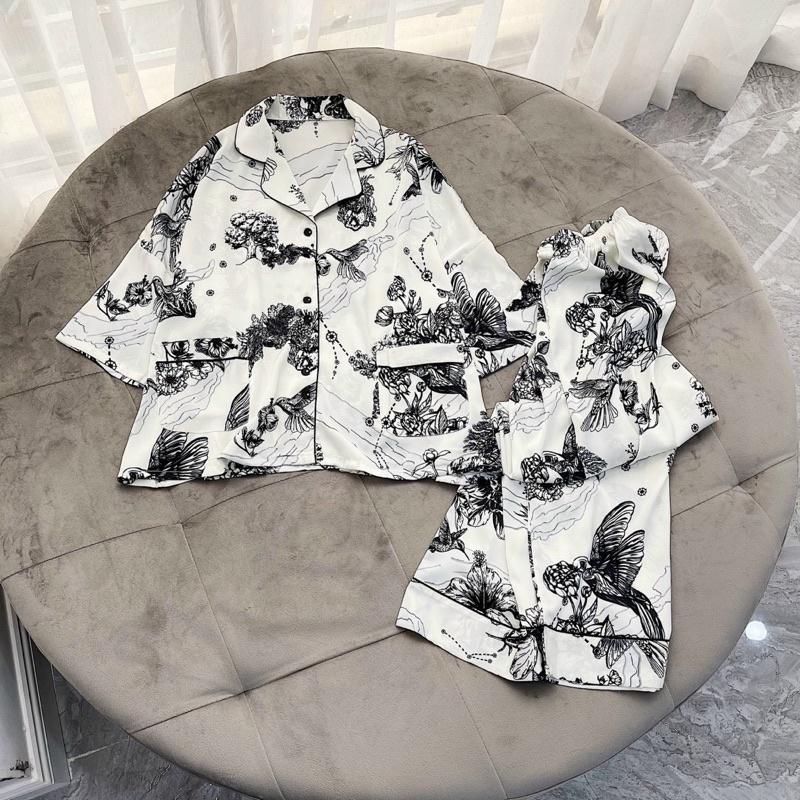 BỘ PIJAMA LỤA SATIN CAO CẤP TAY LỠ CÁNH DƠI MÂY ĐEN