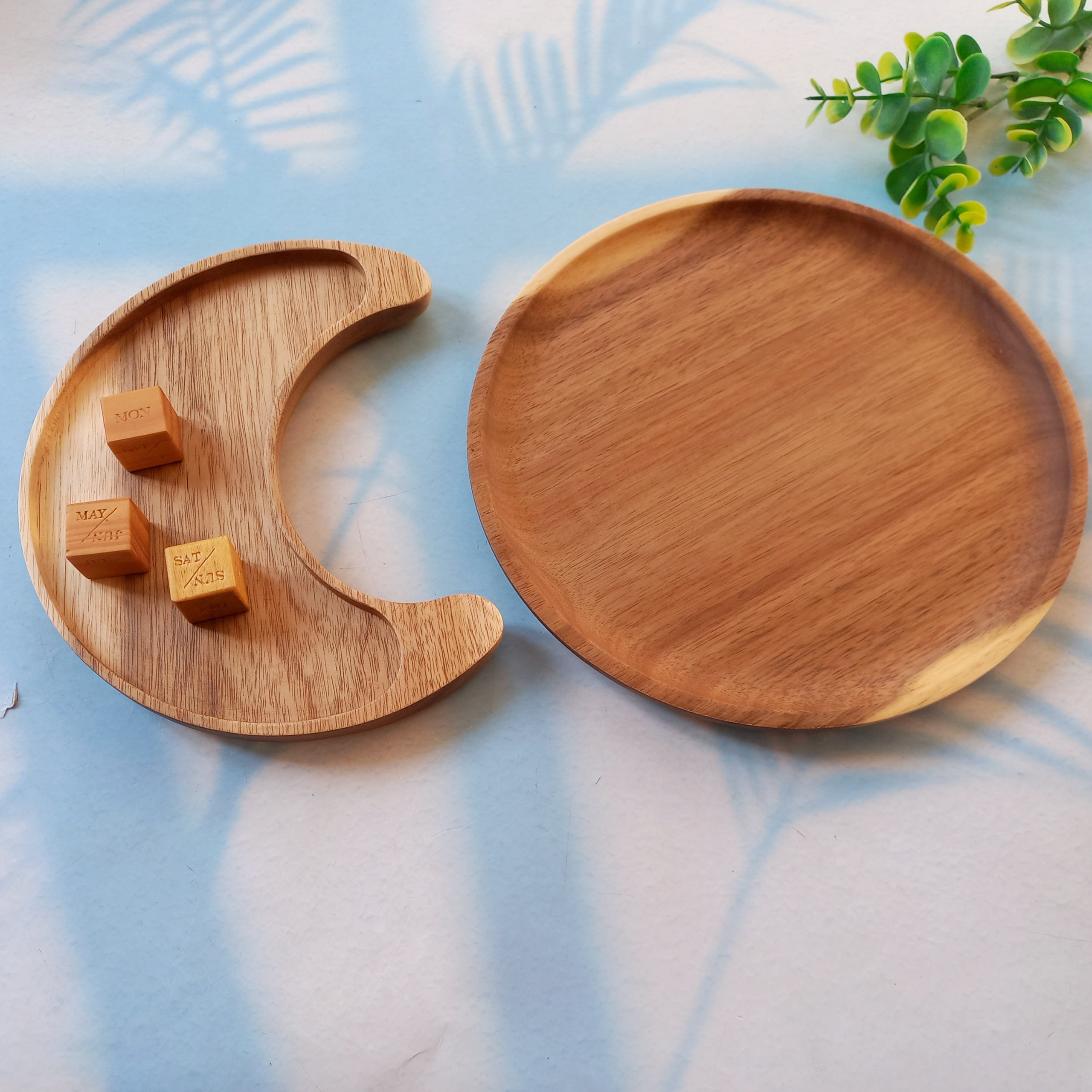 Set Đĩa Khay Gỗ Keo Mặt Trời Mặt Trăng Độc Lạ Của Vitrapro, Đĩa Đựng Bánh Kẹo, Hạt, Hoa Qủa Sấy, Decor Đẹp
