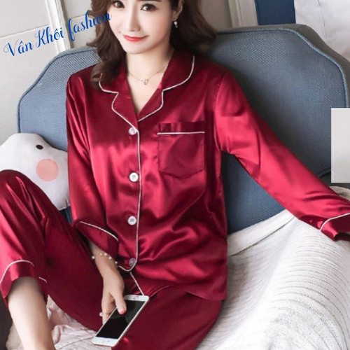 Bộ đồ Pijama ngủ mặc nhà, quần áo ngủ nữ dài tay Vân Khôi -chất liệu lụa trơn đẹp mát thanh lịch