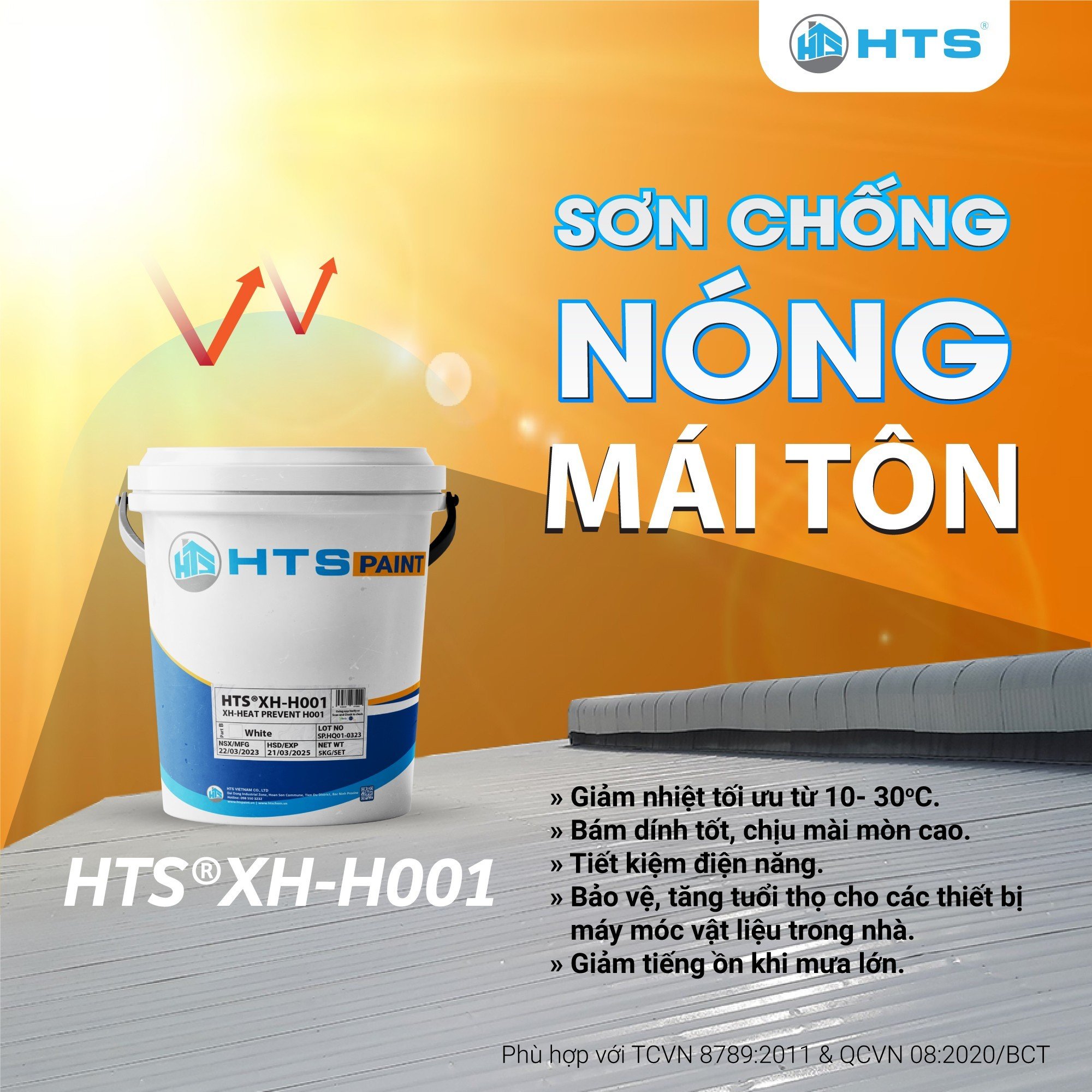 Sơn chống nóng mái tôn HTS XH-H001 thùng nhỏ 5Kg - Giảm ngay 10-30 độ C, Chống nóng tới 12 năm