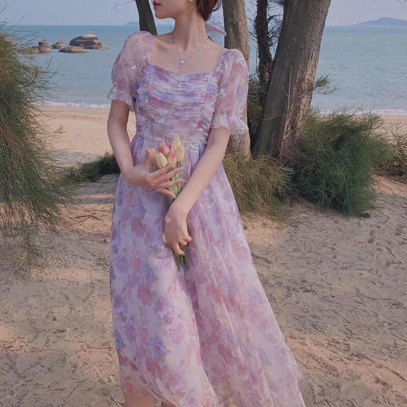 Váy tím lấp lánh tiểu thư cổ vuông