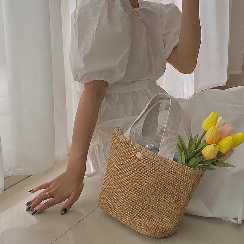 Túi xách cói du lịch style Vintage Hàn Quốc - Túi cói đi biển quai vải - Giỏ xách đi biển đi cafe chụp ảnh ngoài trời