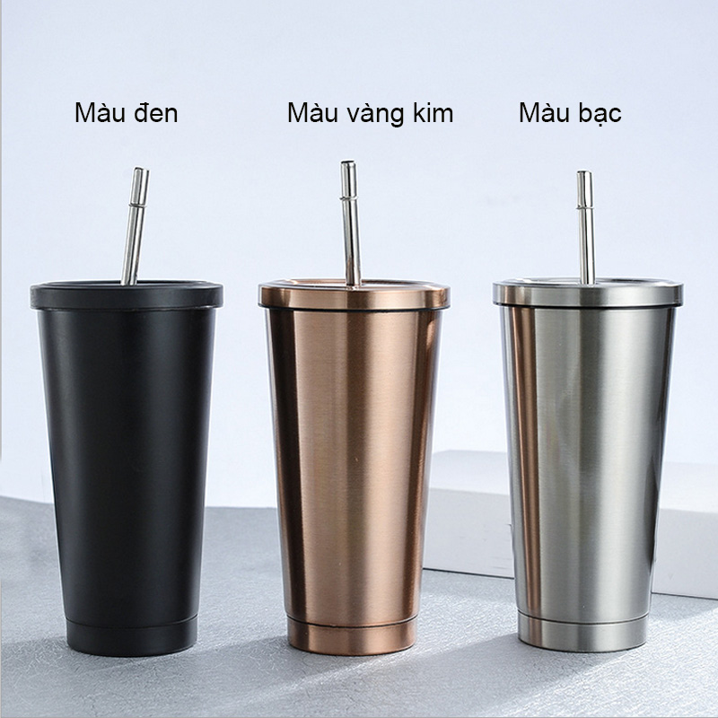 Cốc ly 2 lớp inox 304 chống nóng, có nắp và ống hút, cỡ lớn 500ml, dùng được trên xe hơi