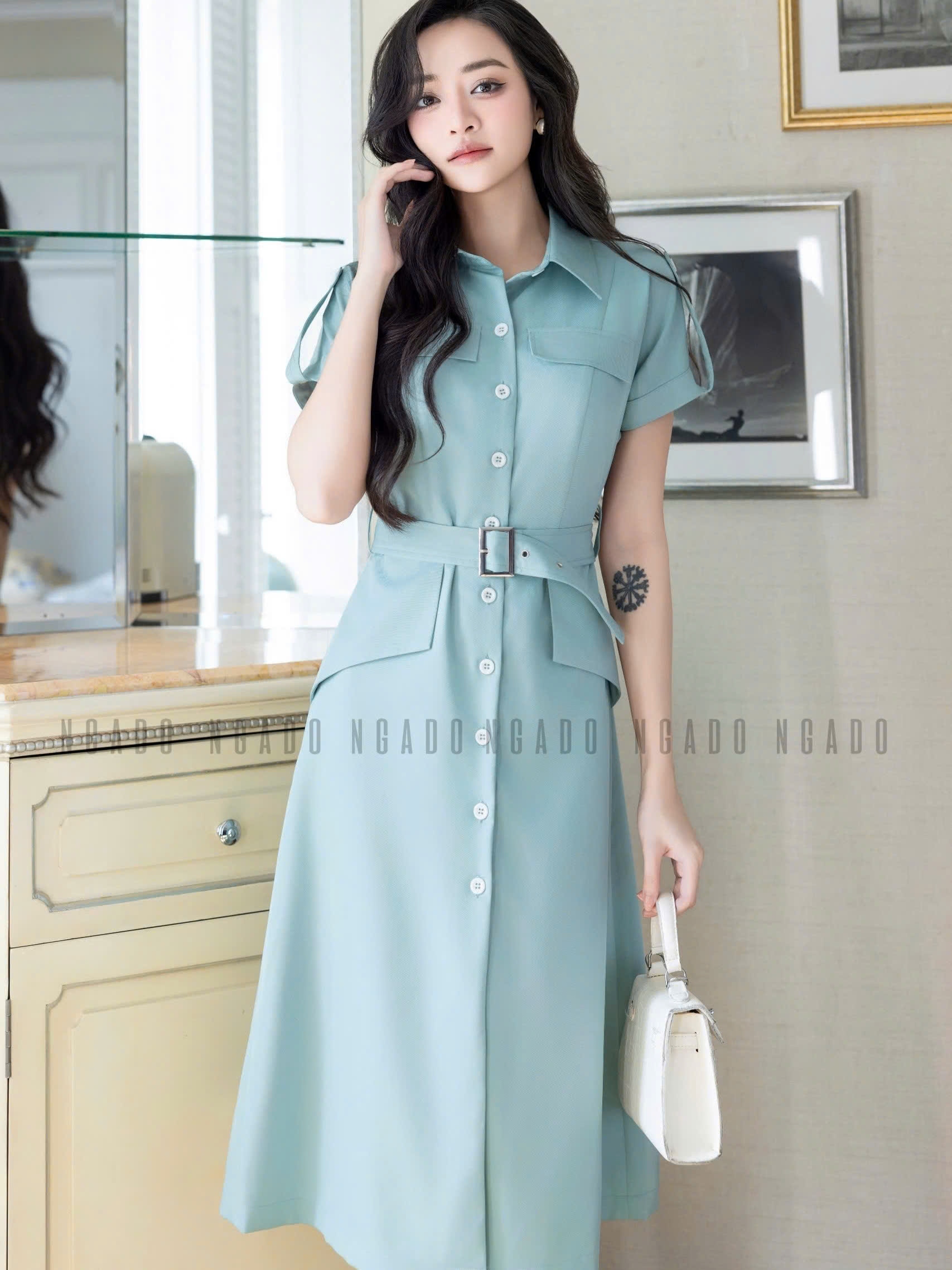 Đầm sơ mi xanh mint NGADO , đầm công sở , đầm dự tiệc