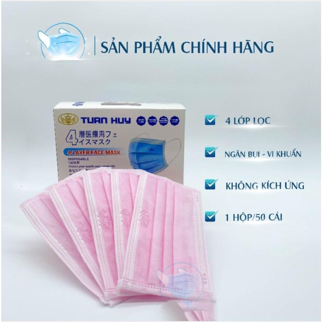 Khẩu trang y tế, Khẩu trang TUẤN HUY 4 lớp màu HỒNG , hộp 50c , hàng chính hãng .
