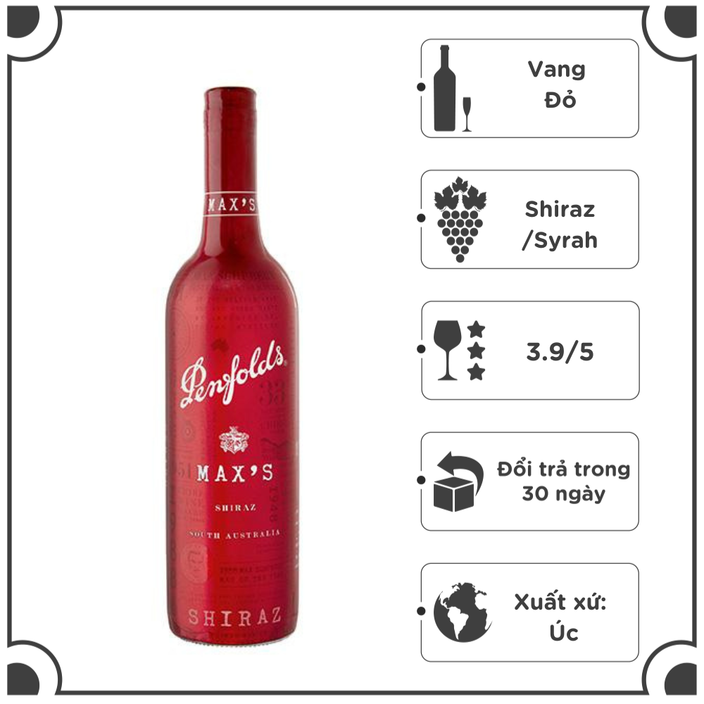 Rượu vang đỏ Úc Penfolds MAX'S Shiraz 750ml 14,5% - Không hộp