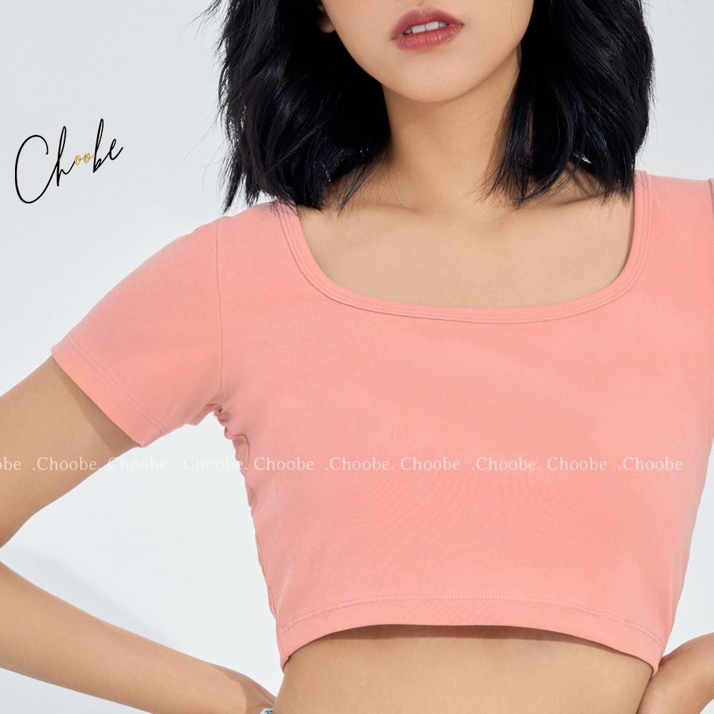 Áo croptop Choobe cổ vuông vải mịn co giãn tốt ba lỗ nữ cộc tay body thun ôm - A27