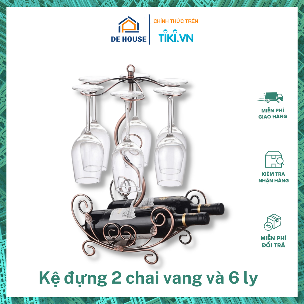 Giá Treo 6 Ly Vang Kèm Kệ Đỡ Chai Phong Cách Châu Âu Màu Đồng Cổ Điển, Kệ Treo decor quý tộc - Hàng Chính Hãng