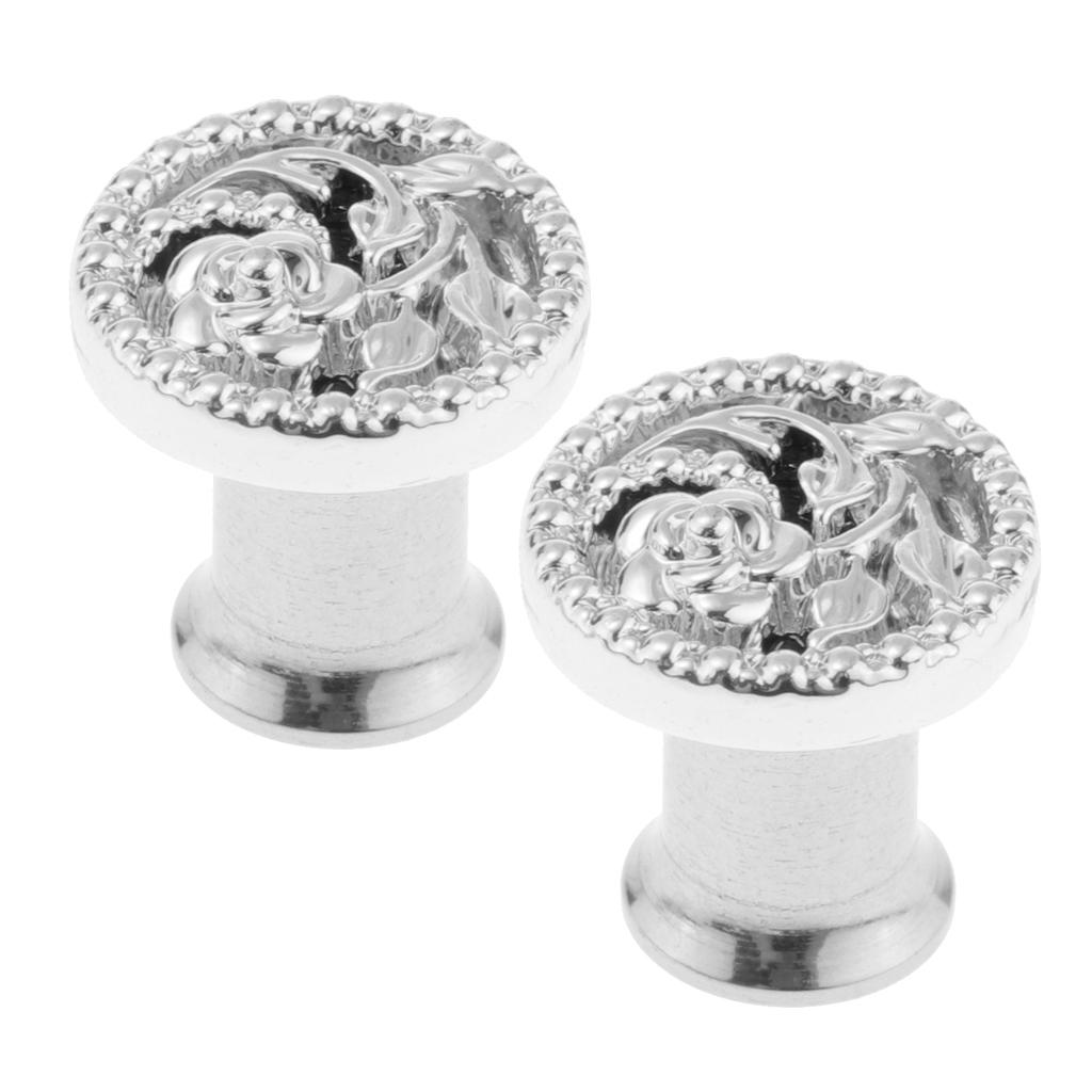 2 Pcs Fancy Silver Flower Ear Plug Tunnel Stainless Steel Ear Jewelry