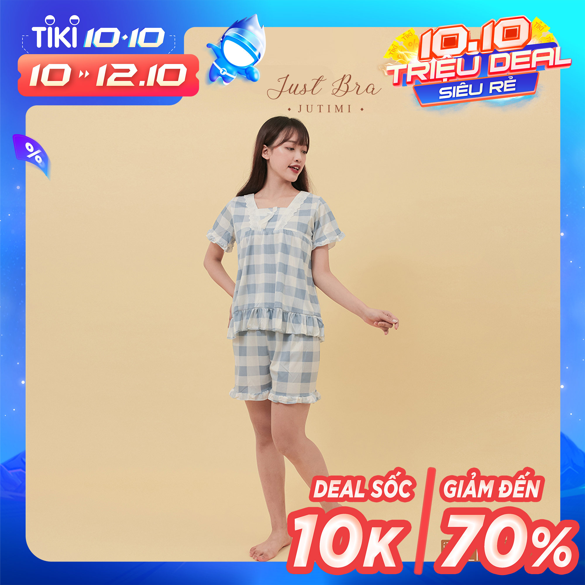 Bộ đồ ngủ Just Bra họa tiết caro to đáng yêu, màu sắc tưới sáng, mặc thoáng mát và thoải mái LM156