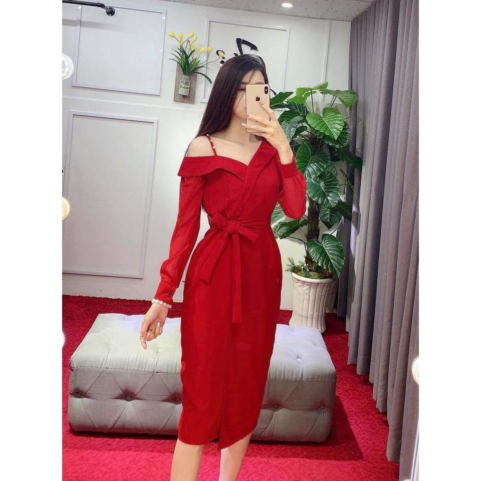 Váy Đầm nữ dự tiệc cột eo tay phối lưới thời trang nữ AM