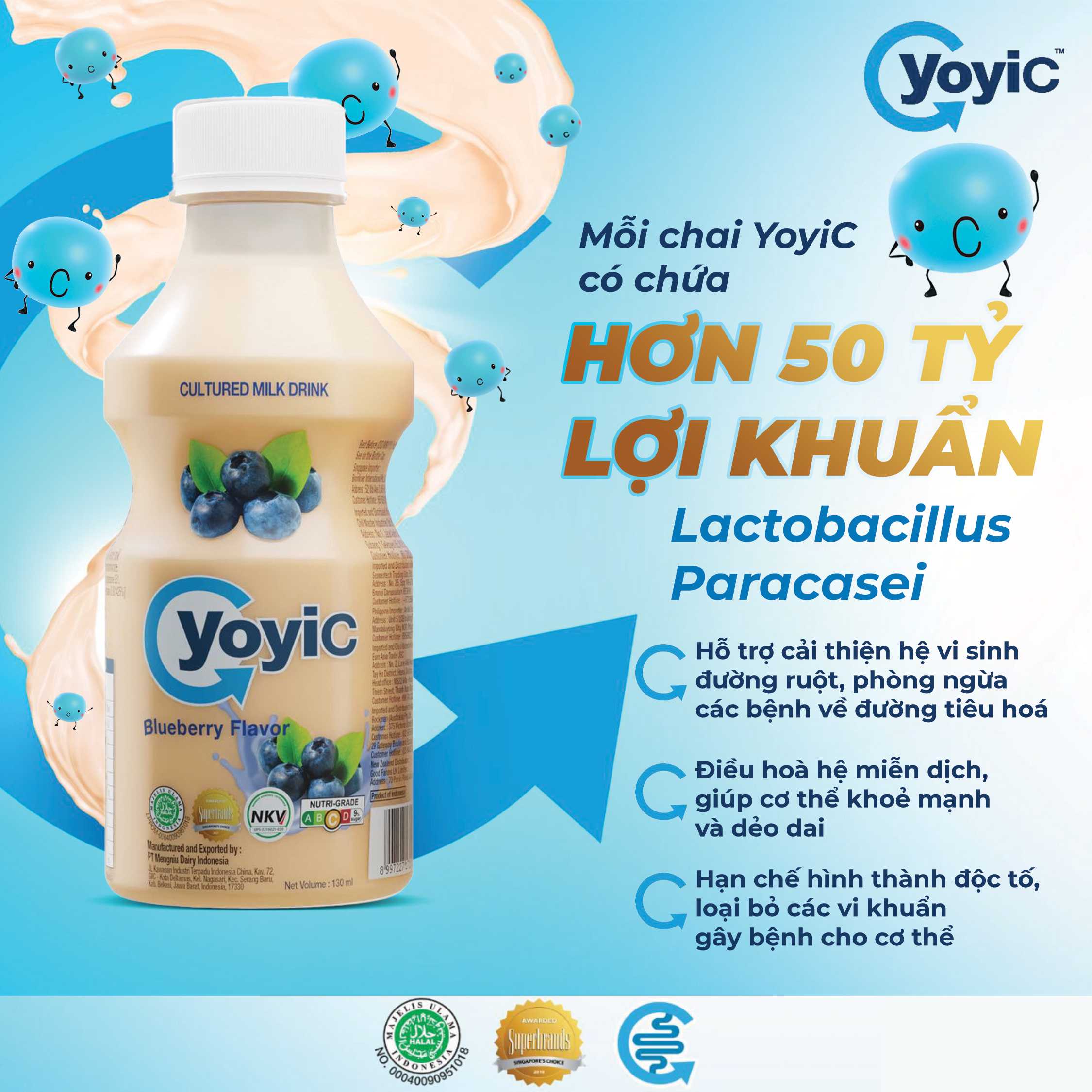 (Lốc 12 chai) Sữa Chua Uống YOYIC Lên Men Tự Nhiên Hỗ Trợ Tiêu Hoá 130ml - Vị Việt Quất