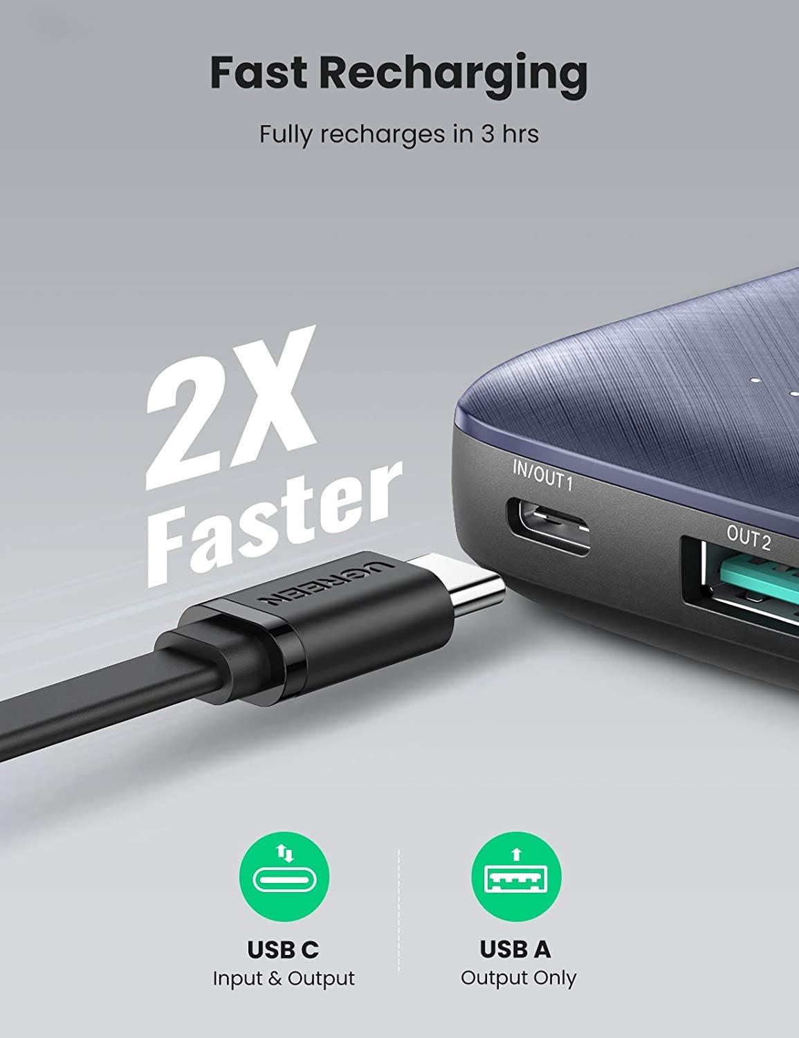 Ugreen UG80749PB178TK 10000mAh cổng usb và type c hỗ trợ QC và PD 3.0 pin sạc dự phòng màu đen - HÀNG CHÍNH HÃNG