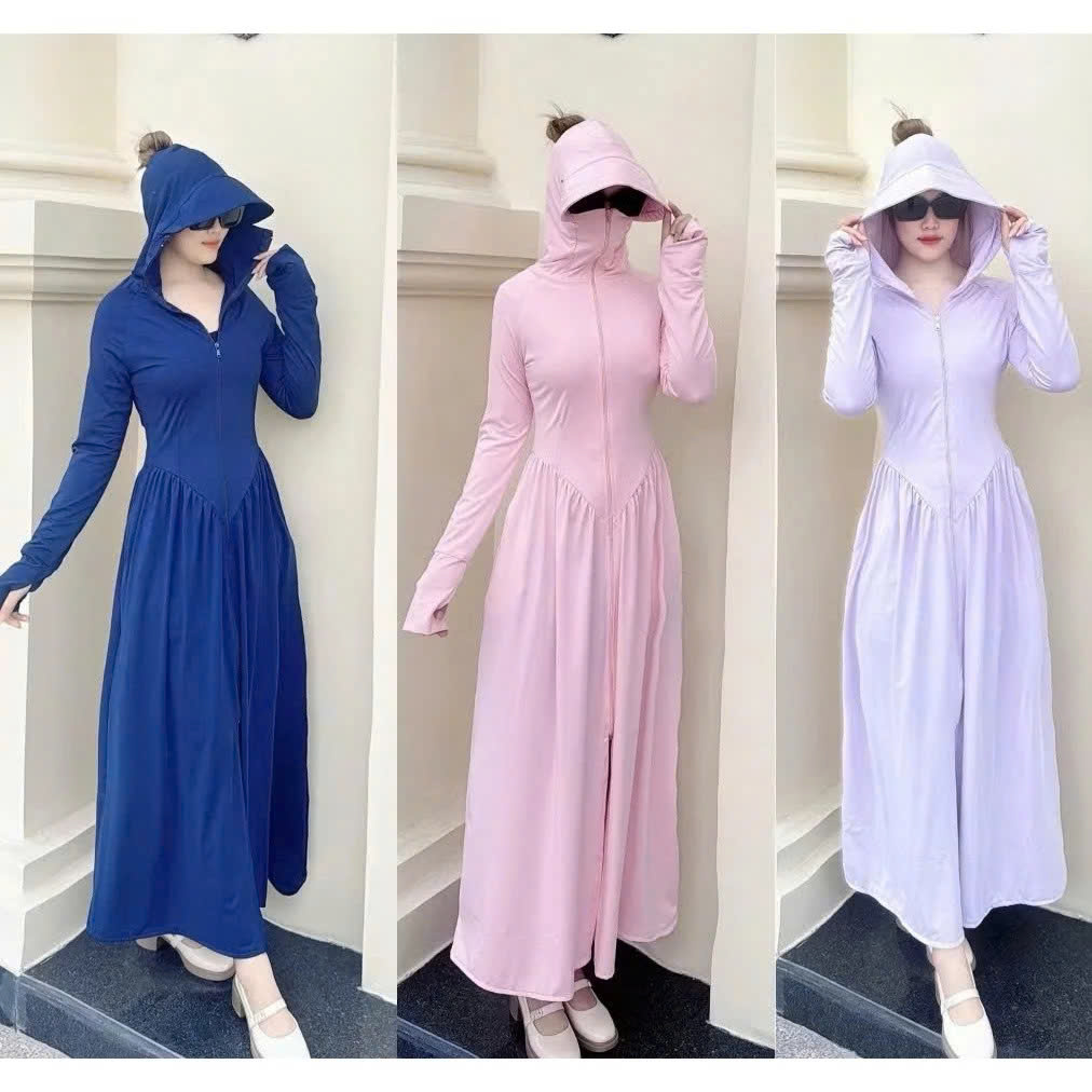 Áo khoác chống nắng nữ toàn thân cao cấp mũ trùm đầu tay xỏ ngón UPF50+ Size XL 53-66kg XANH THAN Vải THUN LẠNH Co Dãn 4 Chiều Dày Dặn Làm Mát | Thời Trang | Đa Dụng  - ÁO KHOÁC CHỐNG NẮNG NỮ