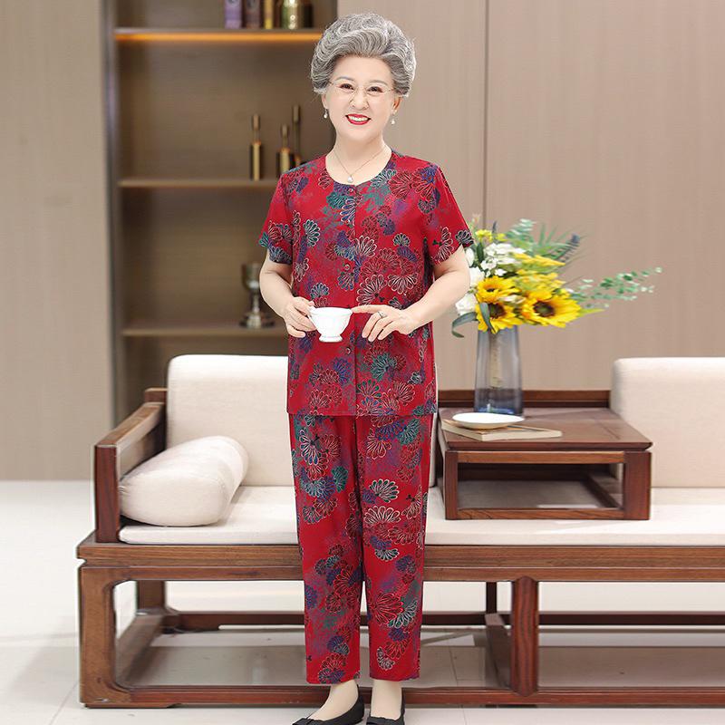 Đồ bộ mặc nhà cho người già cao tuổi, bộ mặc nhà tay cộc quần dài nữ trung niên