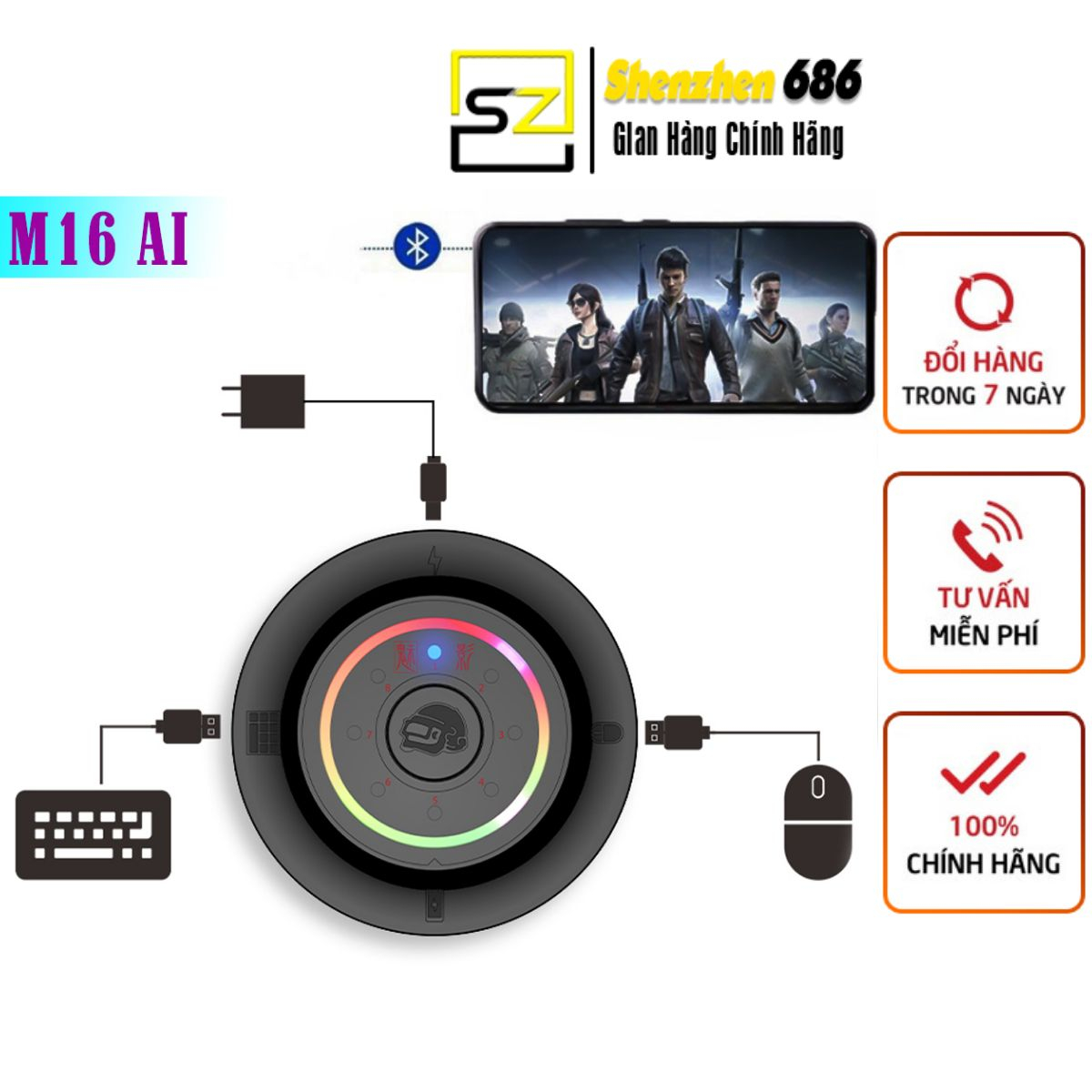 Bộ chuyển đổi bàn phím chuột chơi game M16 bluetooth 5.0 hỗ trợ tất cả các loại chipset mediatek dành cho điện thoại chơi game pubg, ff, tốc chiến, minecraft AUTO ghìm tâm AI