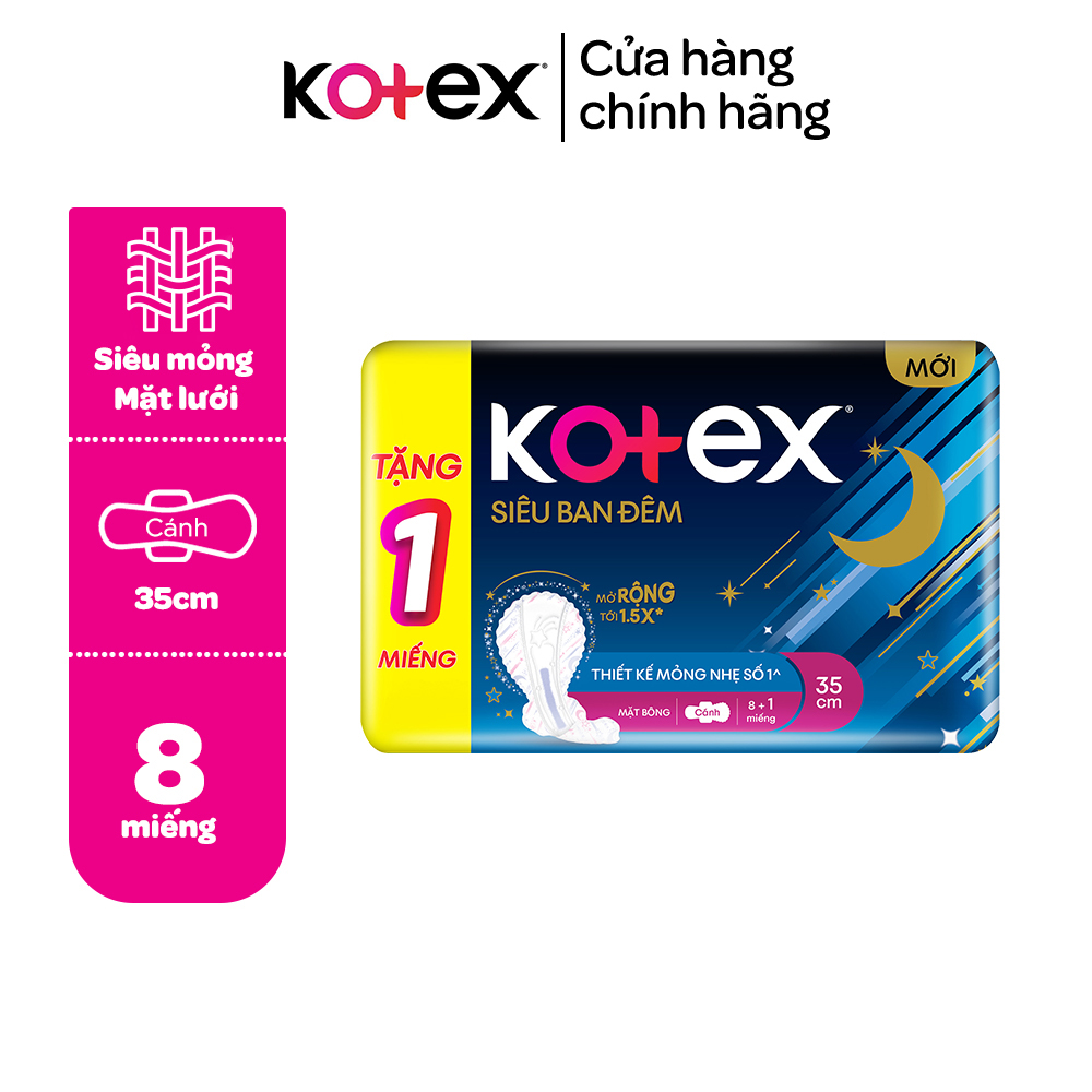 [Tặng 1M đến khi hết hàng] Băng vệ sinh Kotex ban đêm mặt bông 8 miếng 35 cm siêu mỏng cánh