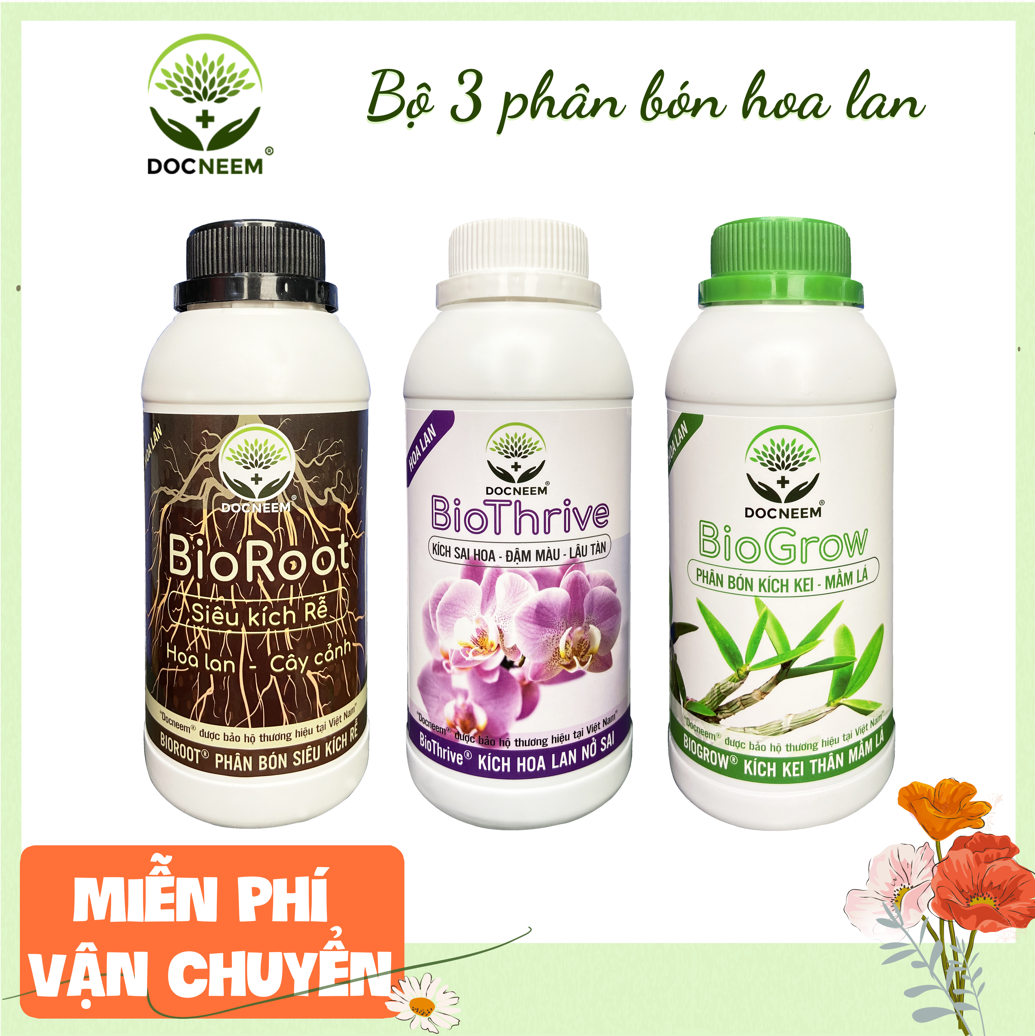 Bộ Phân bón hoa lan toàn diện BIOROOT, BIOGROW, BIOTHRIVE chuyên biệt cho hoa phong lan, giúp kích rễ, nuôi dưỡng thân mầm lá, kích kei, và giúp hoa lan nở sai và đậm màu, dung tích 1.5 lít, hàng chính hãng thương hiệu Docneem