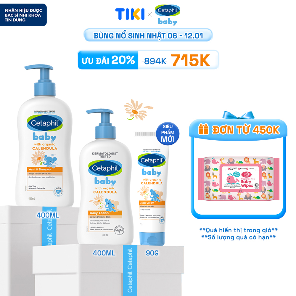 Bộ Sữa tắm gội 400ML + Sữa dưỡng ẩm 400ML + Kem chống hăm tã 70G CETAPHIL BABY WITH ORGANIC CALENDULA