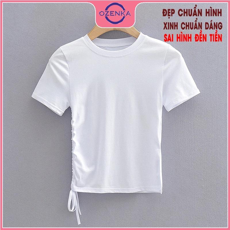 Áo croptop tay ngắn rút dây sẻ gấu cổ tròn OZENKA , crt ôm body chất liệu len gân cao cấp màu đen trắng