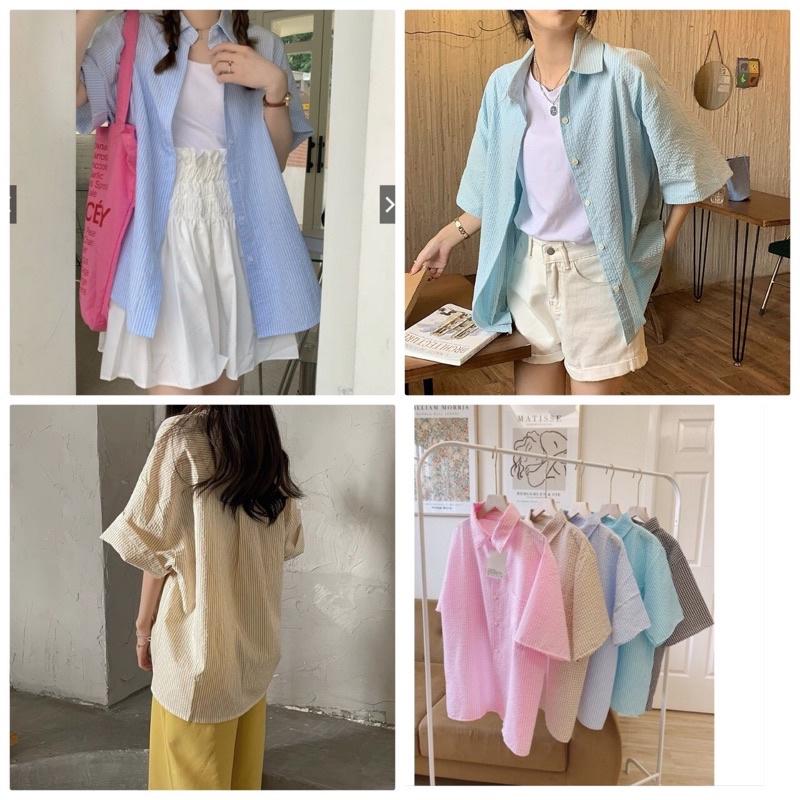 Áo Sơ Mi Kẻ Xốp Tay Lỡ Dáng Thụng Trùm Mông 5 Màu