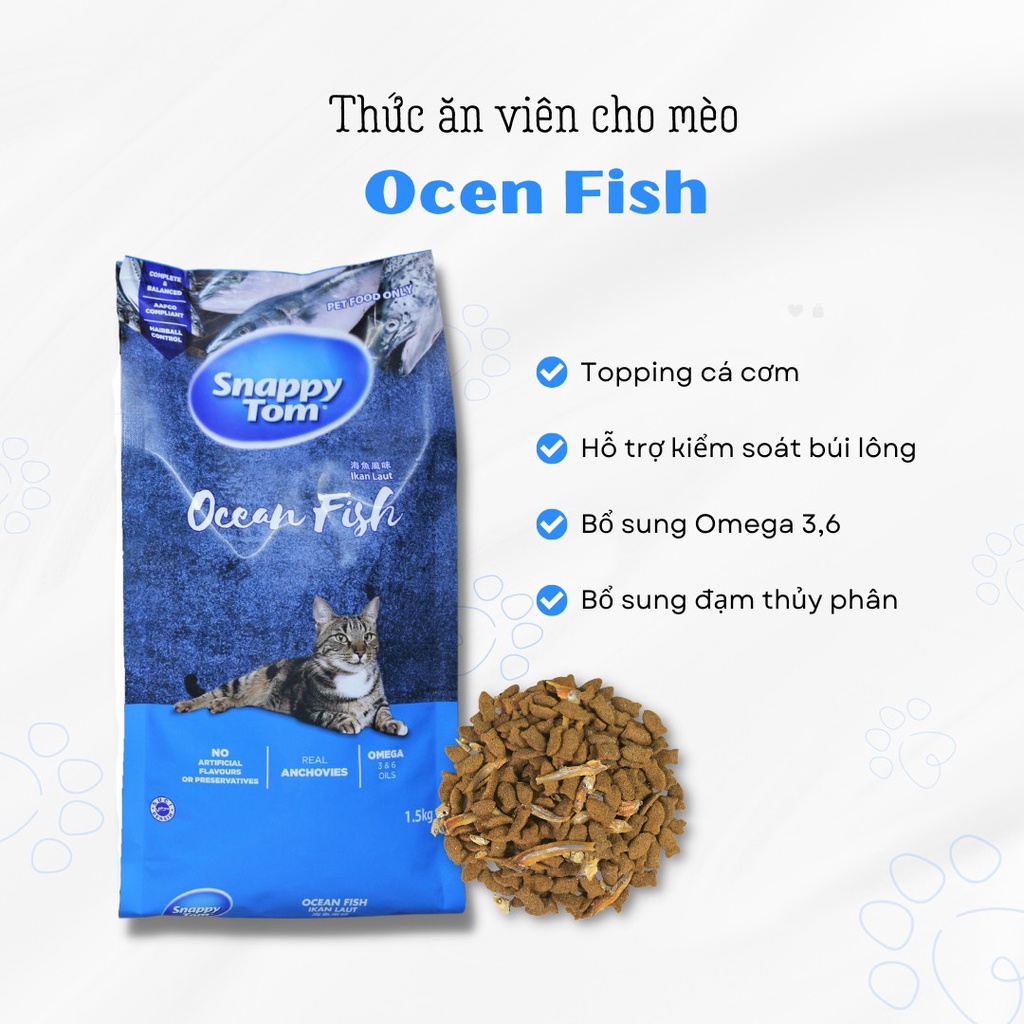 Thức Ăn Hạt Cho Mèo Snappy Tom Loại Mới Có Topping Cá Cơm 1.5kg