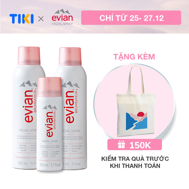 Combo 3 xịt khoáng cấp ẩm và làm dịu da Evian 150ml x 2 + 50ml