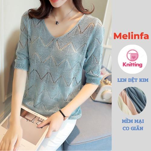 Áo len mỏng nữ cổ V tay lửng dập lỗ len dệt kim mềm mịn co giãn mặc mùa hè mã VAA0314