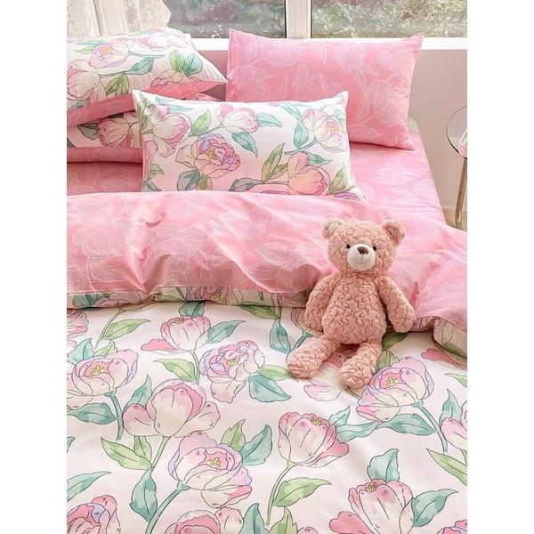 Bộ Chăn Ga Gối Cotton Living 100%cotton Hàng Nhập Khẩu Cao Cấp 4 Món Hoa tuylip