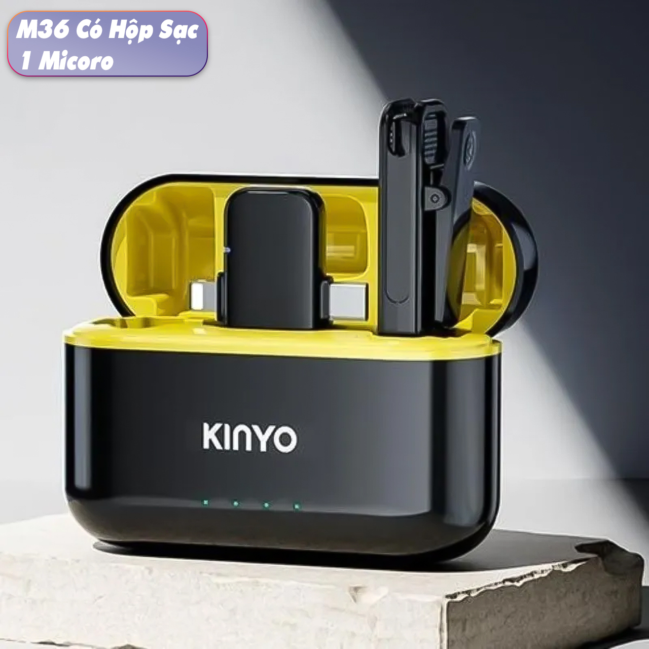 Micro thu âm không dây cài áo Vinetteam Kinyo M36 kèm dock sạc lọc âm chống ồn cao cấp có 2 đầu dành cho Iphone và Android - hàng chính hãng