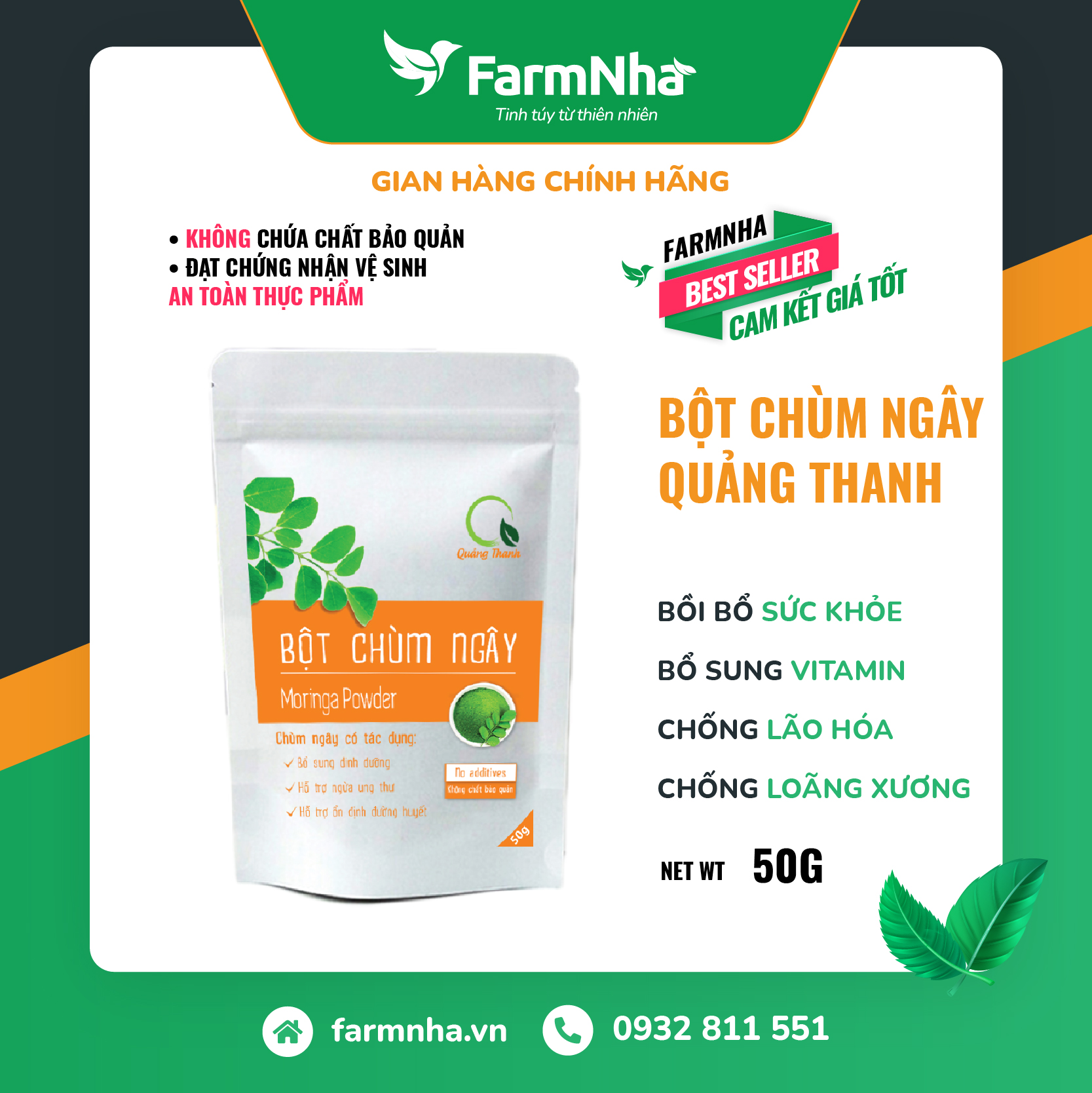 Bột Chùm Ngây Quảng Thanh 100% Organic chuẩn xuất khẩu FDA Hoa Kỳ - Thanh lọc cơ thể, làm đẹp da, giúp lợi tiểu, detox