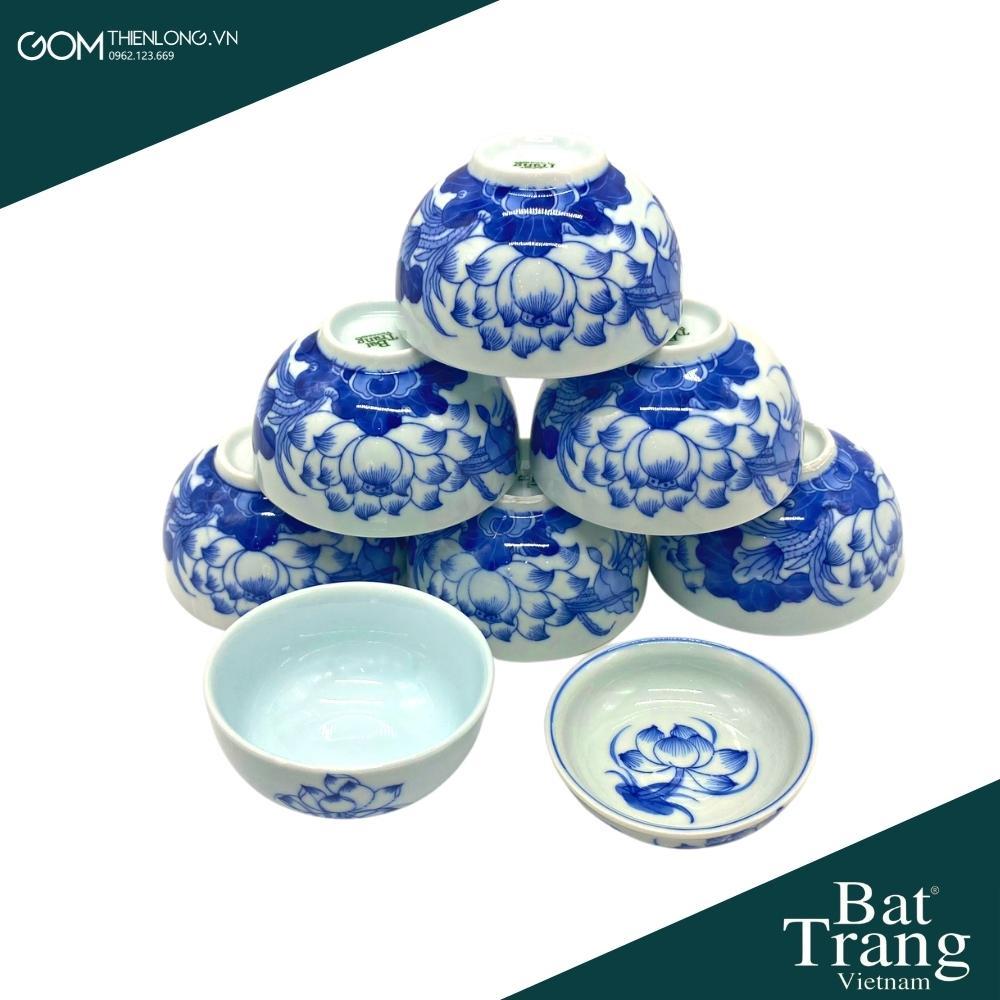 Bộ Bát Đĩa Thắp Hương Men Lam Ngọc Vẽ Sen - Đồ Thờ Cúng Bát Tràng - Gốm Thiên Long