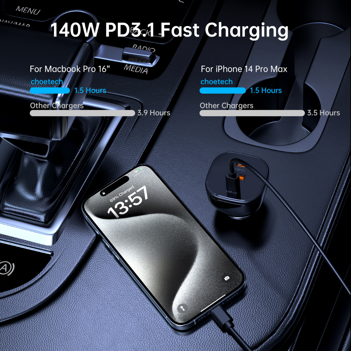 Tẩu Choetech TC0024  sạc nhanh ô tô 165w (2 Type-C + 1 USB A)- Hàng chính hãng