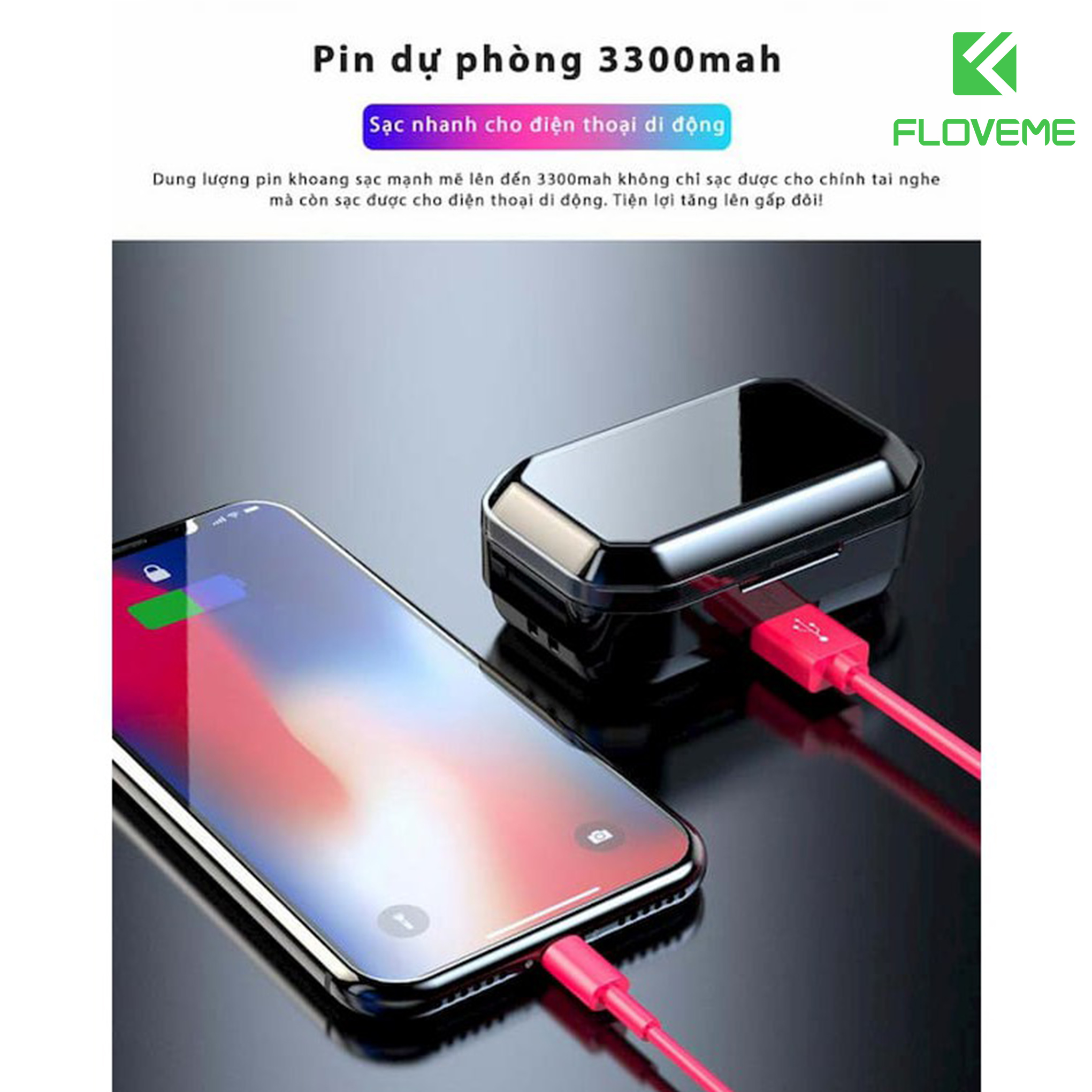 Tai nghe Bluetooth FLOVEME G02-TWS tích hợp pin dự phòng 3300mah độc lạ - thiết kế sang trọng - Hàng chính hãng