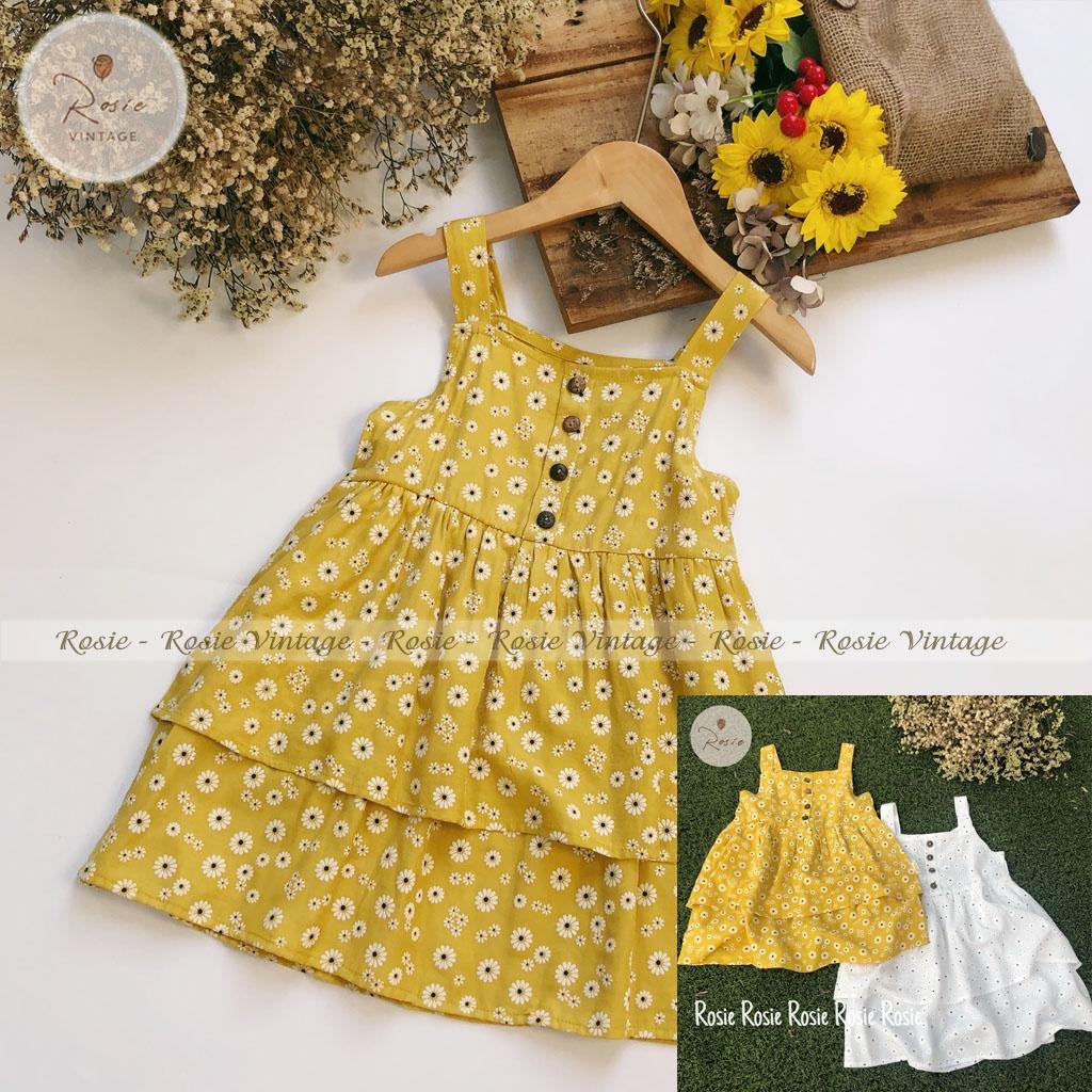 Váy 2 dây 2 tầng in hoa ROSIE V27, chất đũi lanh, vải mềm mát cho bé gái từ 9 - 36kg