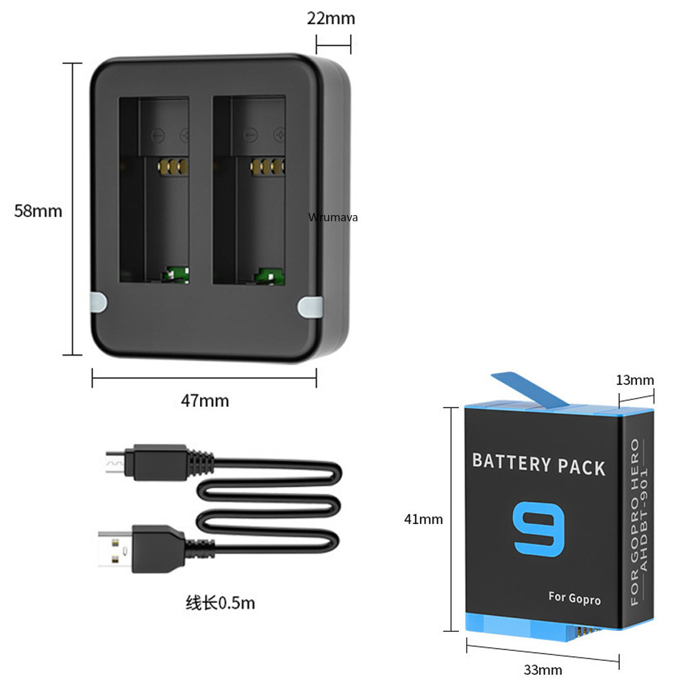 Khe cắm cổng kép Sạc đôi pin cho Gopro Go Pro Hero 11 10 9 Đen với cáp USB Phụ kiện camera hành động