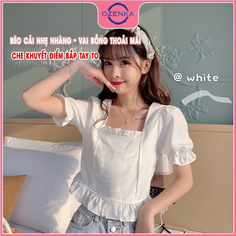 Áo croptop nữ rộng kiểu Hàn Quốc tay phồng viền bánh bèo OZENKA chất thun gân 100% cotton màu đen trắng dưới 50 kg