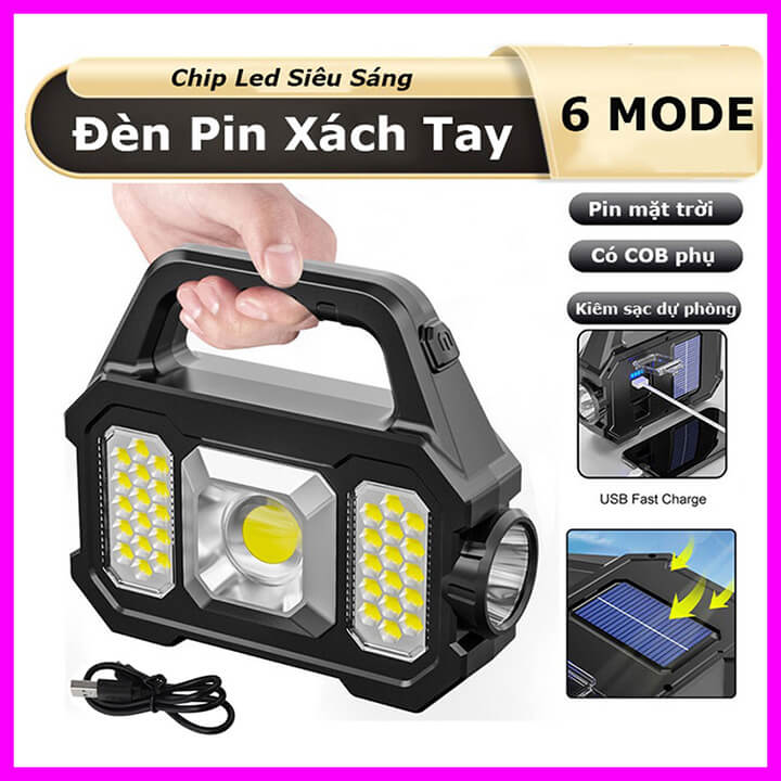 Đèn pin siêu sáng đa năng 6 chế độ chiếu xa 200m, đèn led năng lượng mặt trời xách tay chống thấm nước IPX6- YD2205A