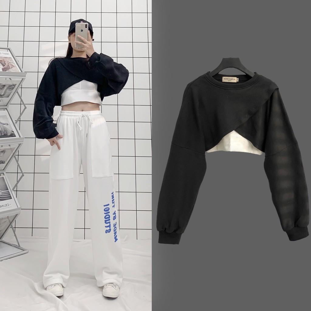 Áo Croptop Dài Tay Dáng Rộng Đắp Chéo Phong Cách Hàn Quốc