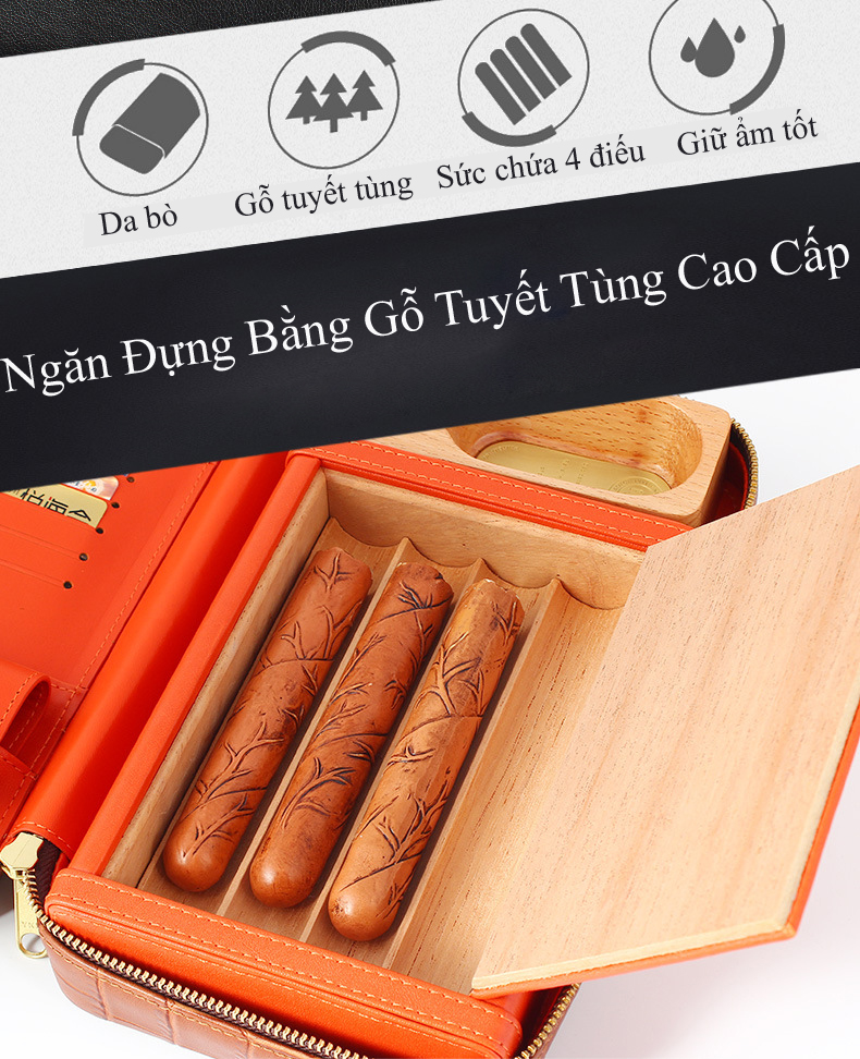 Bộ Set Bao Da Và Phụ Kiện Xì Gà JF-502 Bao Gôm Hộp Đựng, Hột Quẹt Bật Lửa, Cắt, Gạt Tàn, Kệ Kê Cigar Bằng Gỗ Tuyết Tùng Cao Cấp