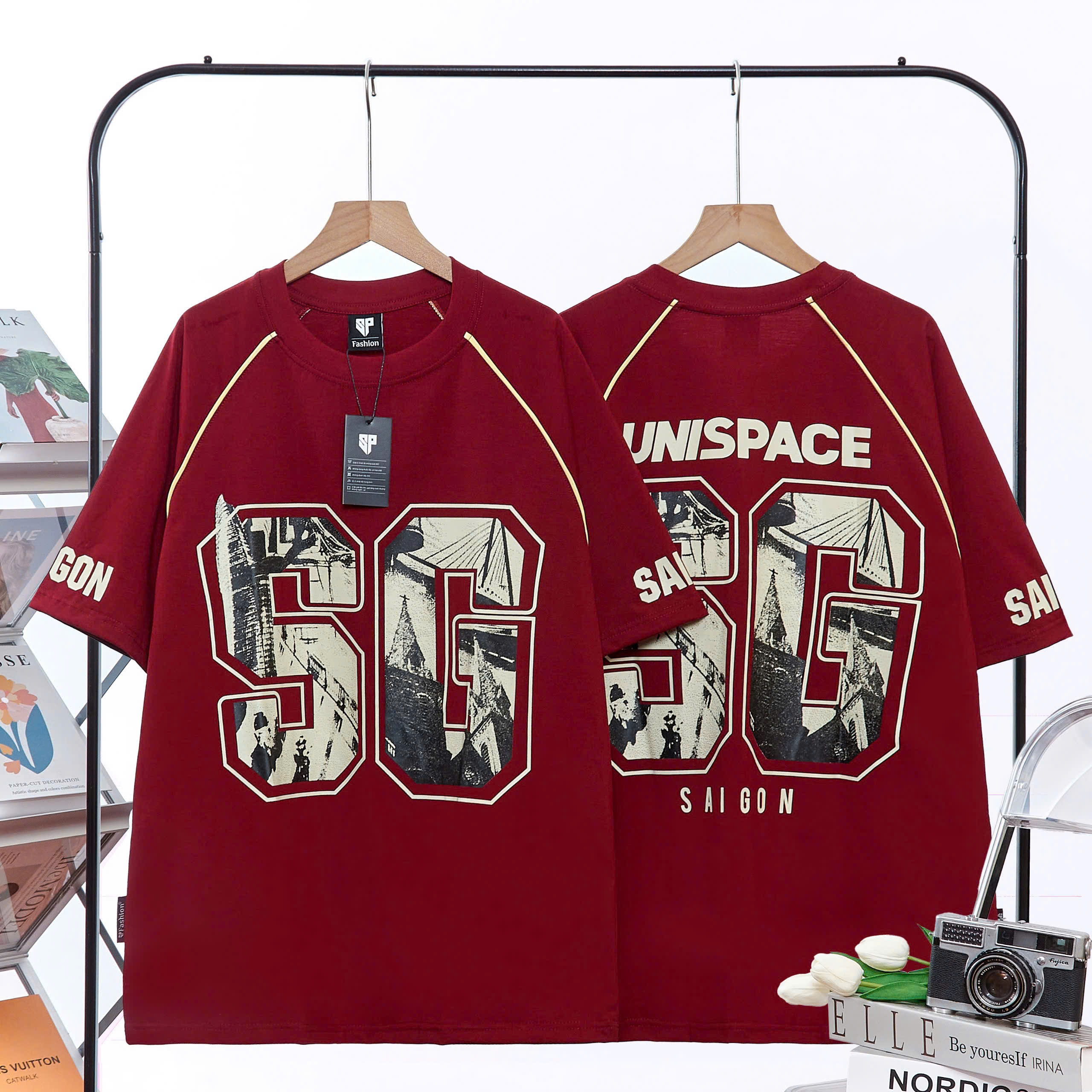 Áo phông nam nữ form rộng 2N Unisex thun cotton in SG màu be/đen/xám/đỏ/đỏ mận