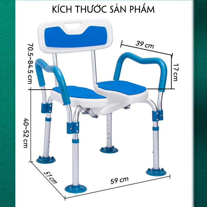 Ghế tắm cho người già có tay vịn tựa lưng điều chỉnh chiều cao, Ghế tắm cho người bệnh chân đế chống trượt KO197