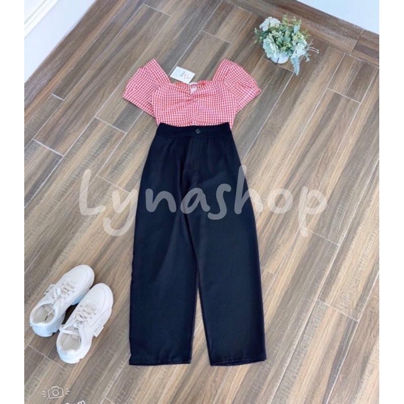 sét đồ nữBộ Quần Culottes Áo Croptop Kẻ Đỏ  Set Nữ Quần Dài Áo Ngắn Cộc Tay  set quần áo xinh mặc lên cực sang chảnhh
