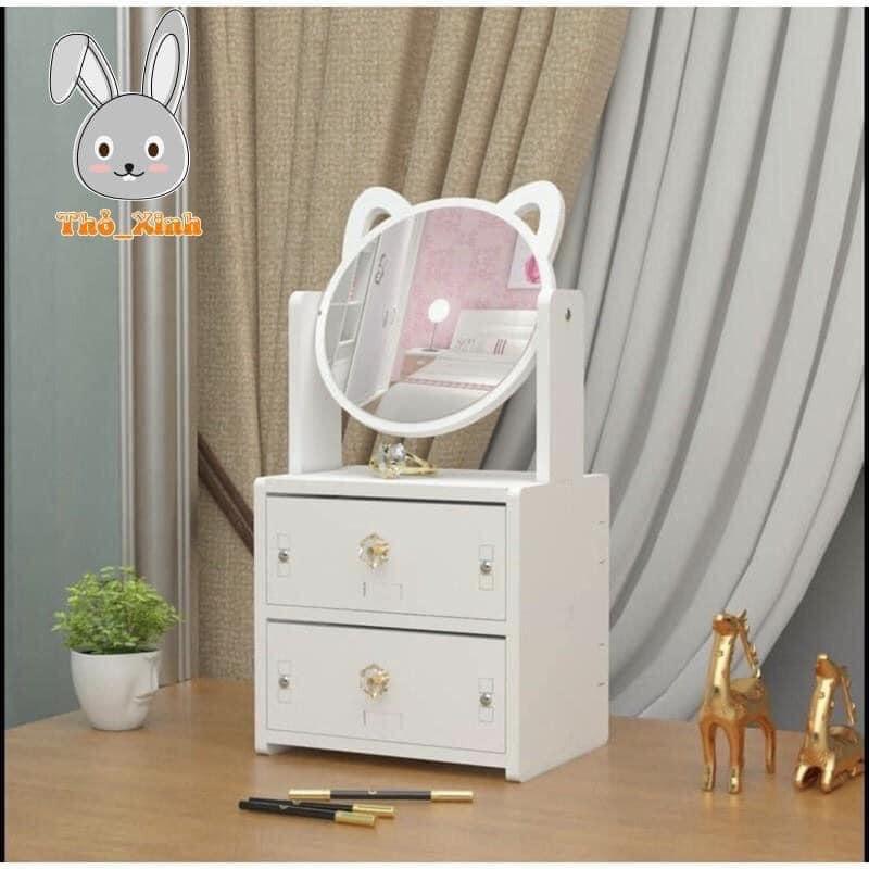 KỆ MỸ PHẨM GỖ NHỰA 2 NGĂN KÉO KÈM GƯƠNG TAI MÈO SIÊU DỄ THƯƠNG