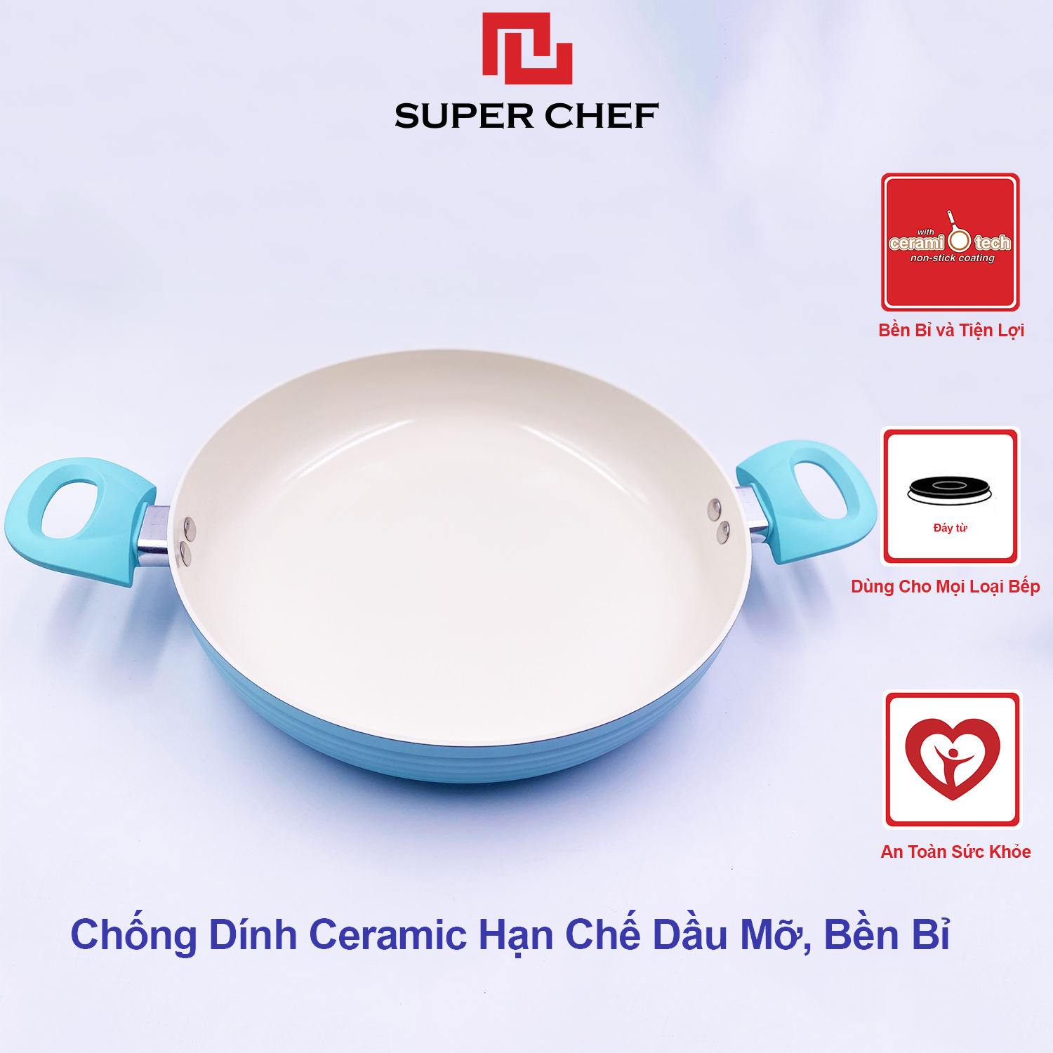 Chảo Xào Chống Dính Ceramic Đáy Từ 2 Quai Chef Blue Cao Cấp Mới, Đảm Bảo Sức Khỏe, Siêu Bền Bỉ Không Bong Tróc size 28cm Kèm Nắp Kính