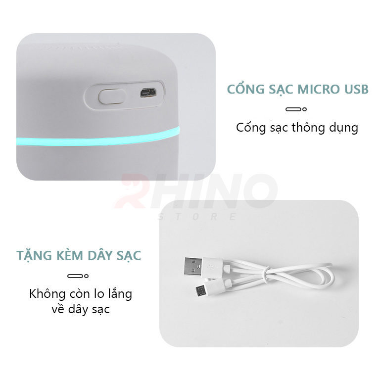 Máy phun sương xông tinh dầu tạo ẩm Rhino H901 dung tích 420ml, nhỏ gọn, không gây tiếng ồn, tích hợp đèn ngủ RGB nhiều màu, có chế độ tự ngắt - Hàng chính hãng