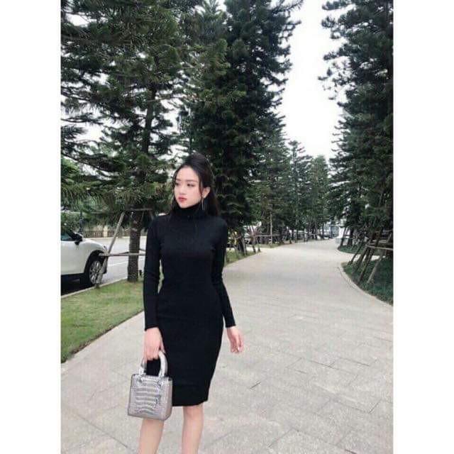 Váy body nữ cổ lọ chất len tăm xinh xắn