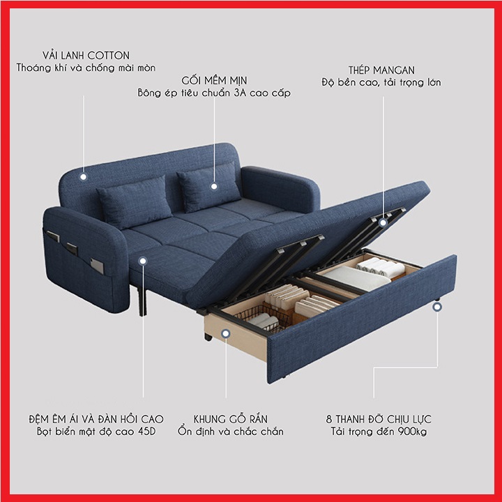 Giường Sofa Gấp Gọn Thành Ghế Sofa. Giường Sofa Đa Năng Có Ngăn Chứa Đồ. Sofa Giường Gấp Gọn Toàn Bộ Khung Thép Chịu Lực Sơn Tĩnh Điện Với 8 Điểm Chịu Lực. Tặng Kèm 2 Gối Cùng Tone